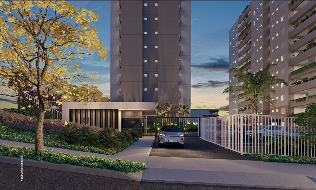 Entrada e torres do Eleva Residence Riva no bairro São Luiz