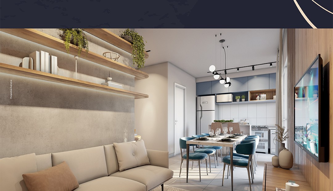 Living do apartamento de 2 quartos do Eleva Residence Riva