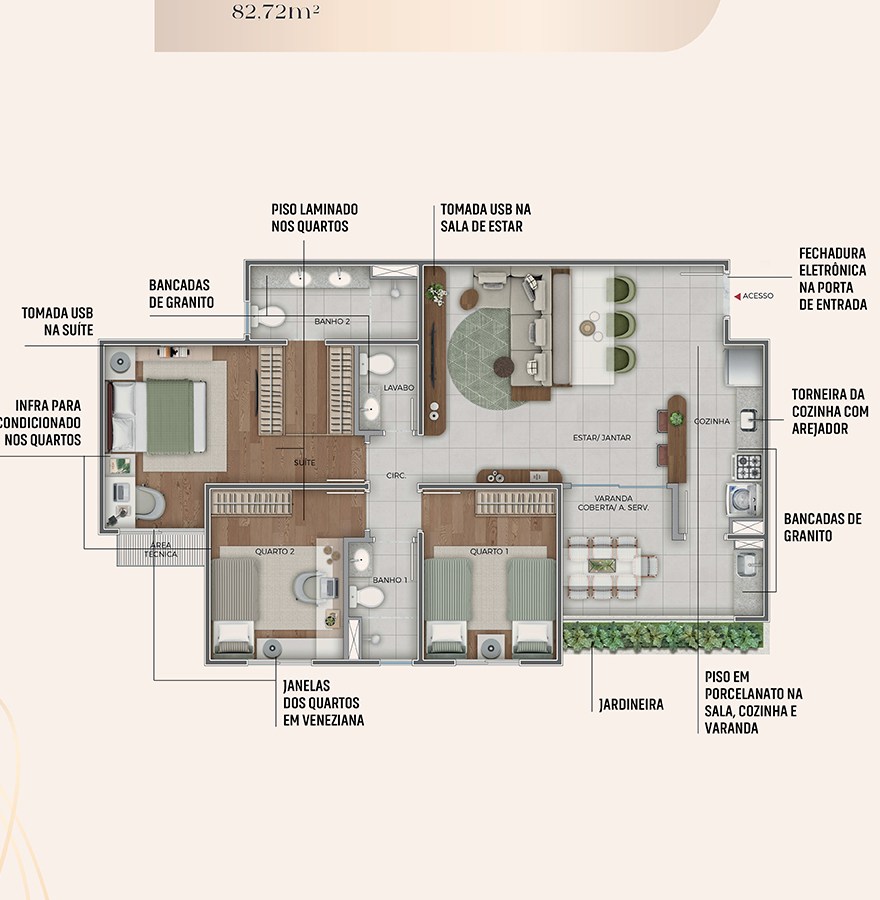 Planta de apartamento de 3 quartos do Eleva Residence Riva