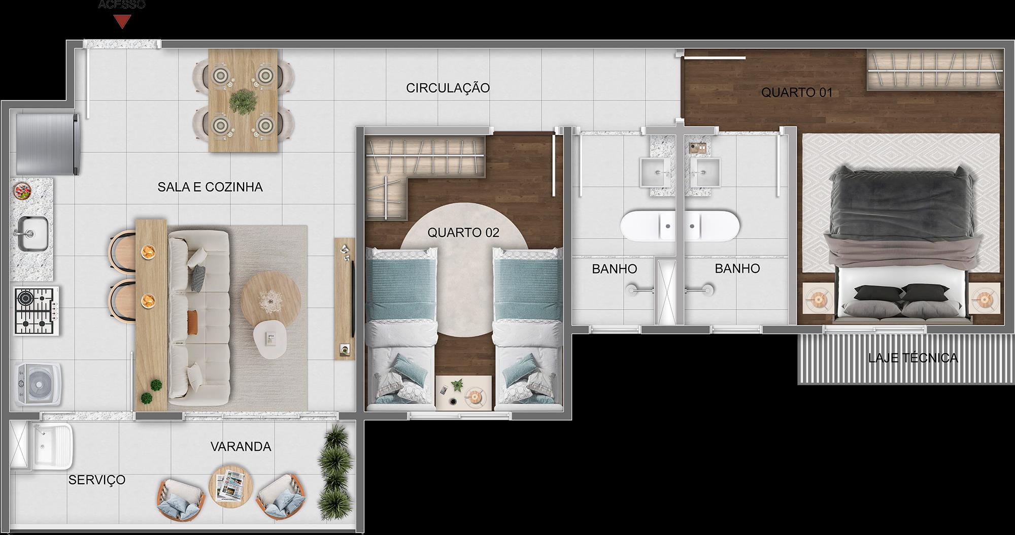 Planta do apartamento de 2 quartos no Citta Bene