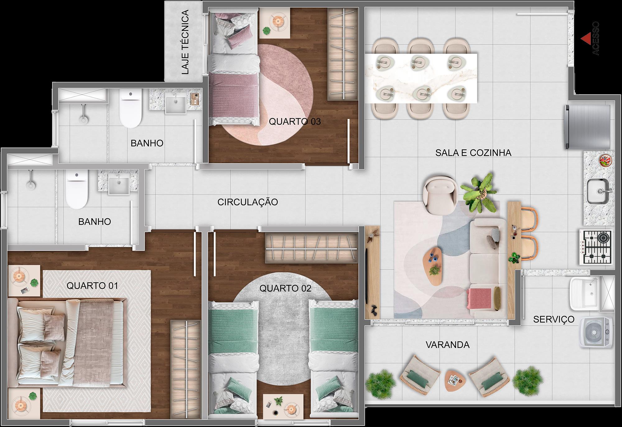 Planta do apartamento de 3 quartos no Citta Bene
