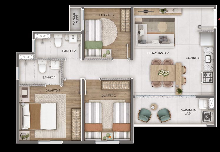 Planta do apartamento de 3 quartos do Priori Residence