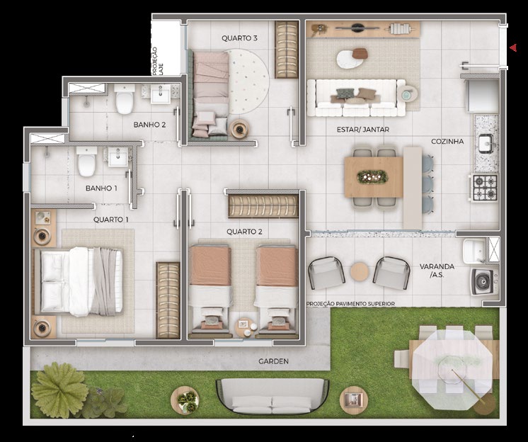 Planta de 3 quartos com área privativa do Priori Residence