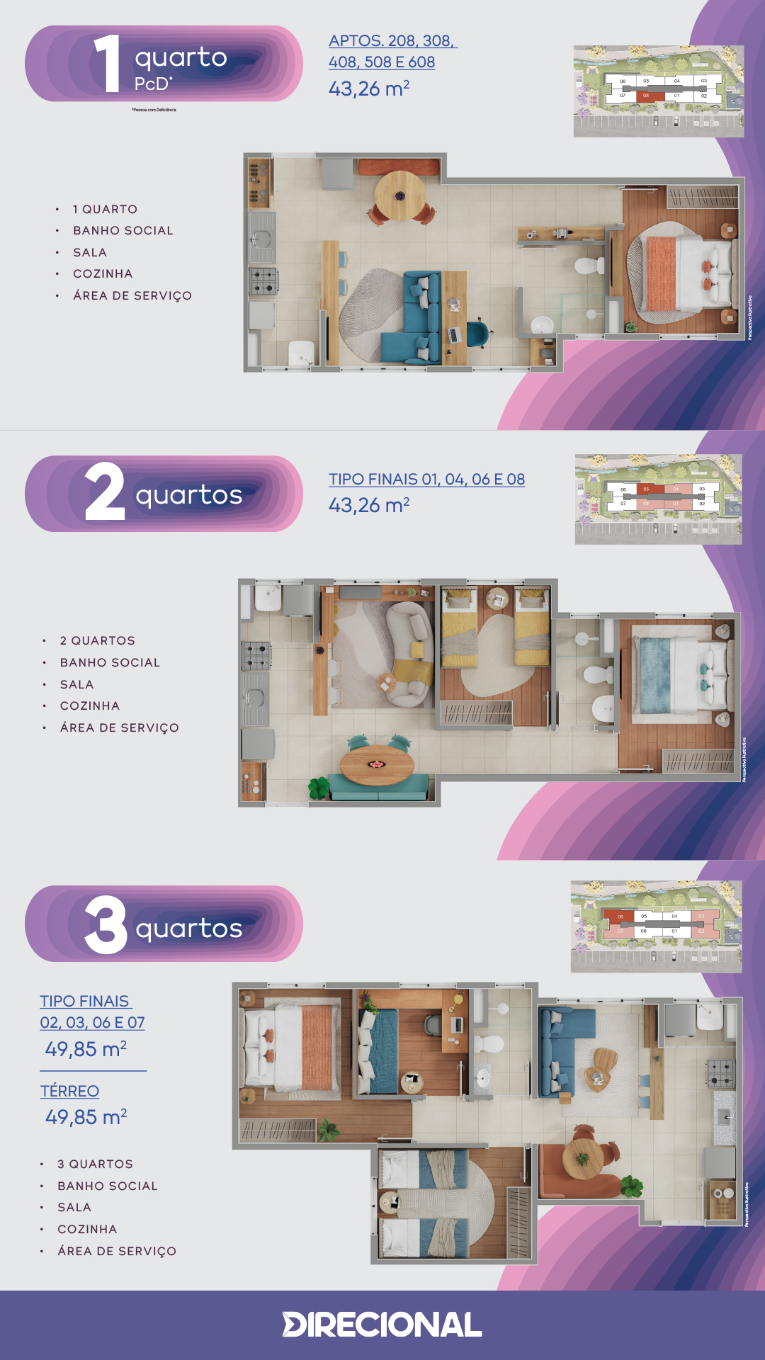Plantas de 2 e 3 quartos do Solo Residencial