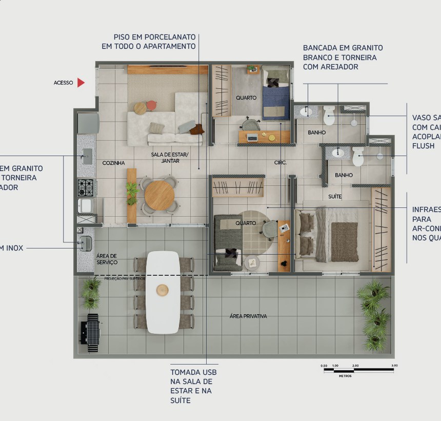 Planta do apartamento de 3 quartos do Vivence Lagoa Riva